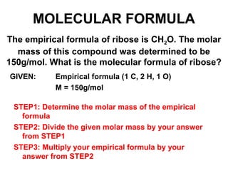 The empirical formula of ribose is CH2O. The molar
mass of this compound was determined to be
150g/mol. What is the molecular formula of ribose?
GIVEN: Empirical formula (1 C, 2 H, 1 O)
M = 150g/mol
MOLECULAR FORMULA
STEP1: Determine the molar mass of the empirical
formula
STEP2: Divide the given molar mass by your answer
from STEP1
STEP3: Multiply your empirical formula by your
answer from STEP2
 