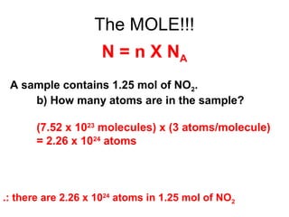 The MOLE!!!
N = n X NA
A sample contains 1.25 mol of NO2.
b) How many atoms are in the sample?
(7.52 x 1023
molecules) x (3 atoms/molecule)
= 2.26 x 1024
atoms
.: there are 2.26 x 1024
atoms in 1.25 mol of NO2
 