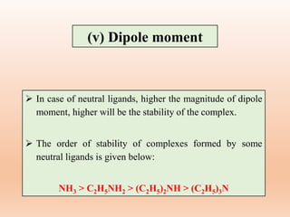 (v) Dipole moment
 In case of neutral ligands, higher the magnitude of dipole
moment, higher will be the stability of the complex.
 The order of stability of complexes formed by some
neutral ligands is given below:
NH3 > C2H5NH2 > (C2H5)2NH > (C2H5)3N
 