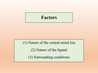 Factors
(1) Nature of the central metal Ion
(2) Nature of the ligand
(3) Surrounding conditions
 