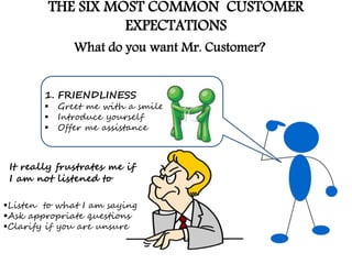 THE SIX MOST COMMON CUSTOMER
EXPECTATIONS
1. FRIENDLINESS
 Greet me with a smile
 Introduce yourself
 Offer me assistance
It really frustrates me if
I am not listened to
Listen to what I am saying
Ask appropriate questions
Clarify if you are unsure
What do you want Mr. Customer?
 