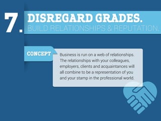 7.

DISREGARD GRADES.

BUILD RELATIONSHIPS & REPUTATION.
CONCEPT

Business is run on a web of relationships.
The relations...