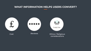 86
WHAT INFORMATION HELPS USERS CONVERT?
Ethics / Religious
considerations
Cost Reviews
 