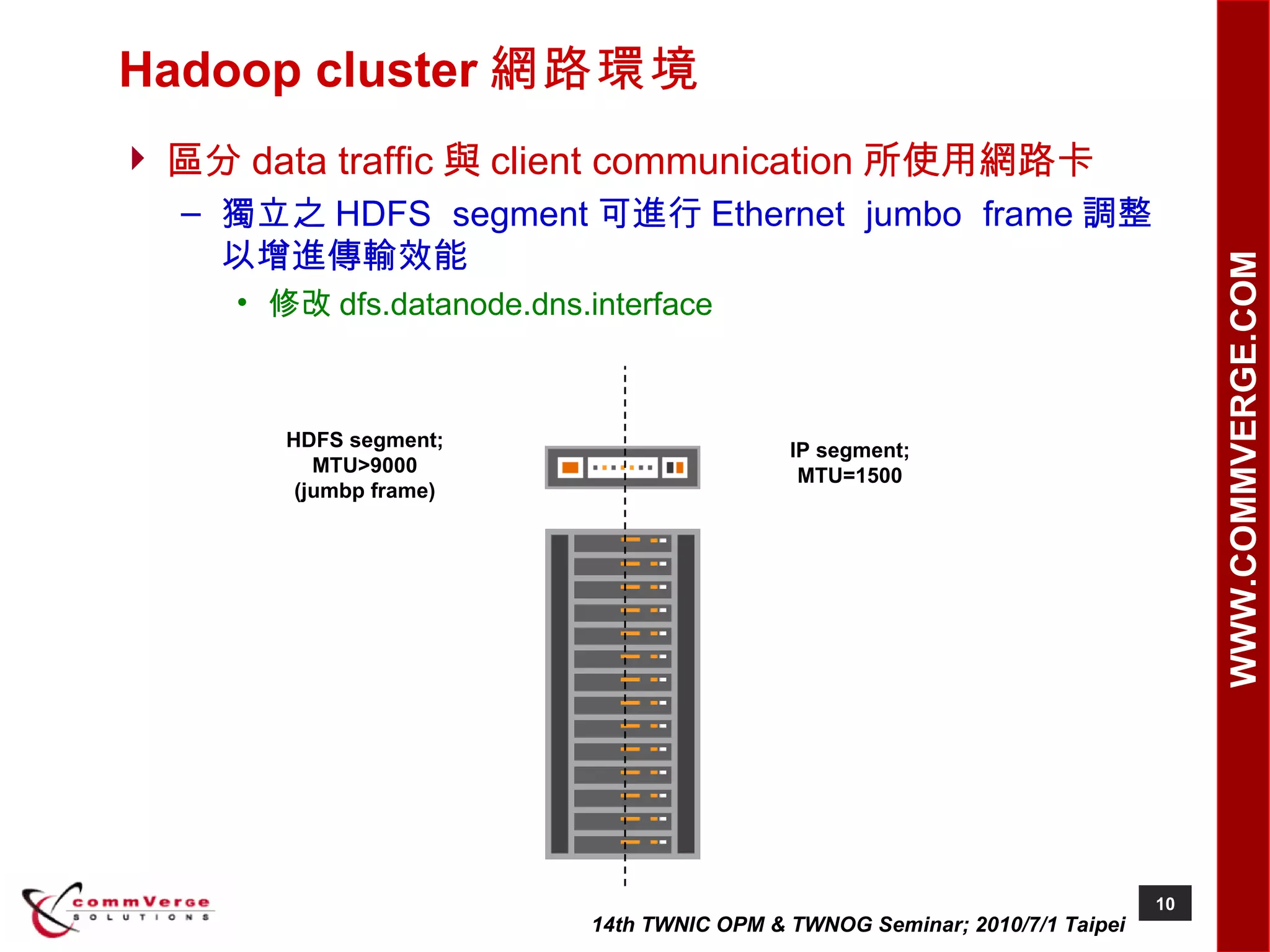 Hadoop cluster 網路環境 區分 data traffic 與 client communication 所使用網路卡 獨立之 HDFS segment 可進行 Ethernet jumbo frame 調整以增進傳輸效能 修改 dfs.datanode.dns.interface HDFS segment; MTU>9000 (jumbp frame) IP segment; MTU=1500 