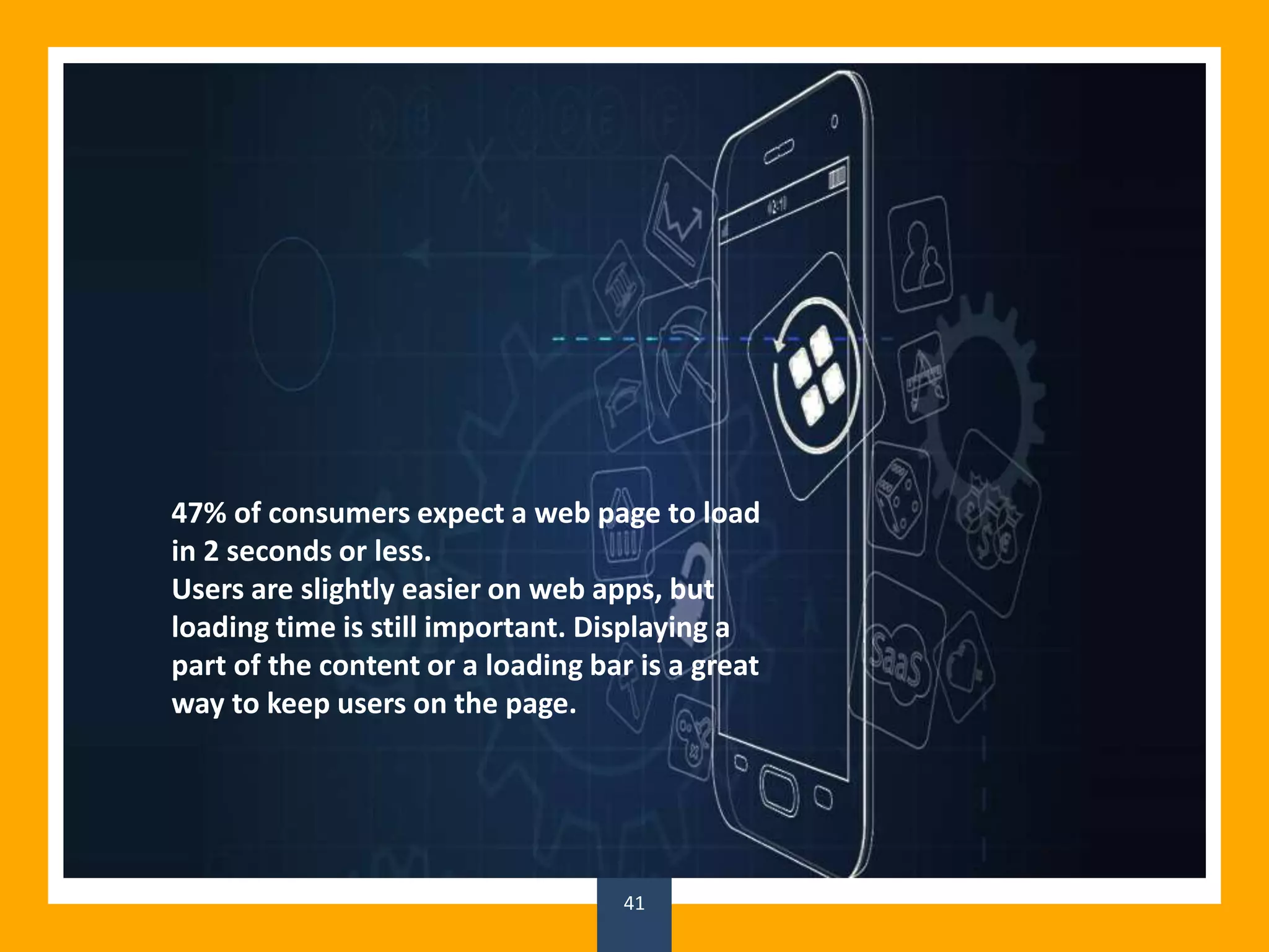 41
47% of consumers expect a web page to load
in 2 seconds or less.
Users are slightly easier on web apps, but
loading time is still important. Displaying a
part of the content or a loading bar is a great
way to keep users on the page.
 
