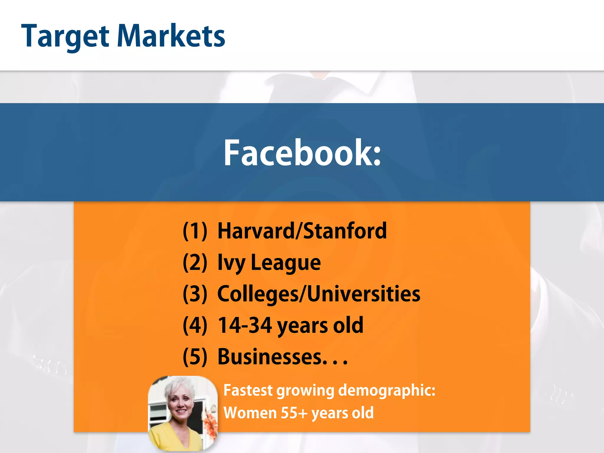 Target Markets
Facebook:
(1) Harvard/Stanford
(2) Ivy League
(3) Colleges/Universities
(4) 14-34 years old
(5) Businesses. . .
Fastest growing demographic:
Women 55+ years old
 