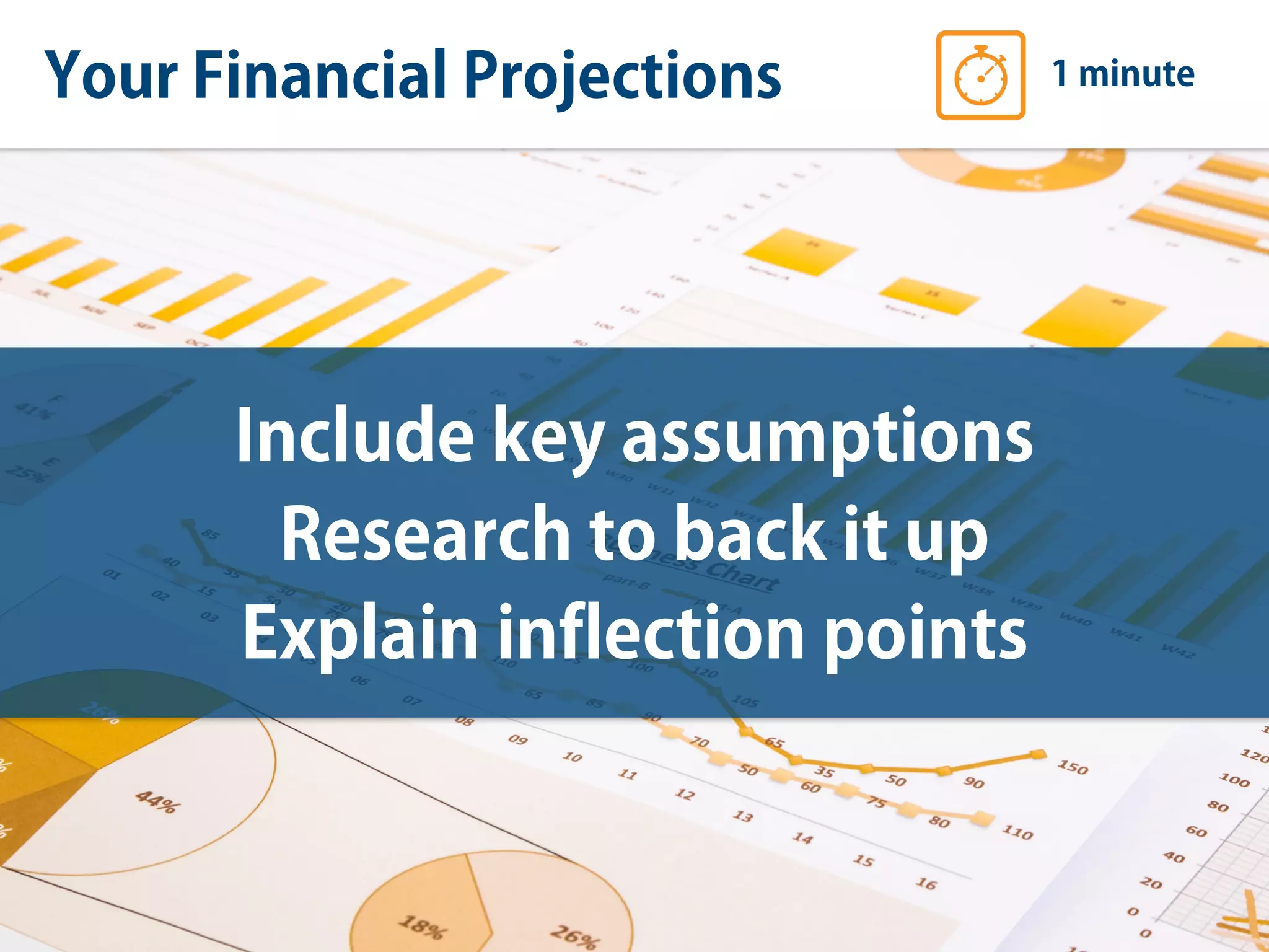 Your Financial Projections 1 minute
Include key assumptions
Research to back it up
Explain inflection points
 