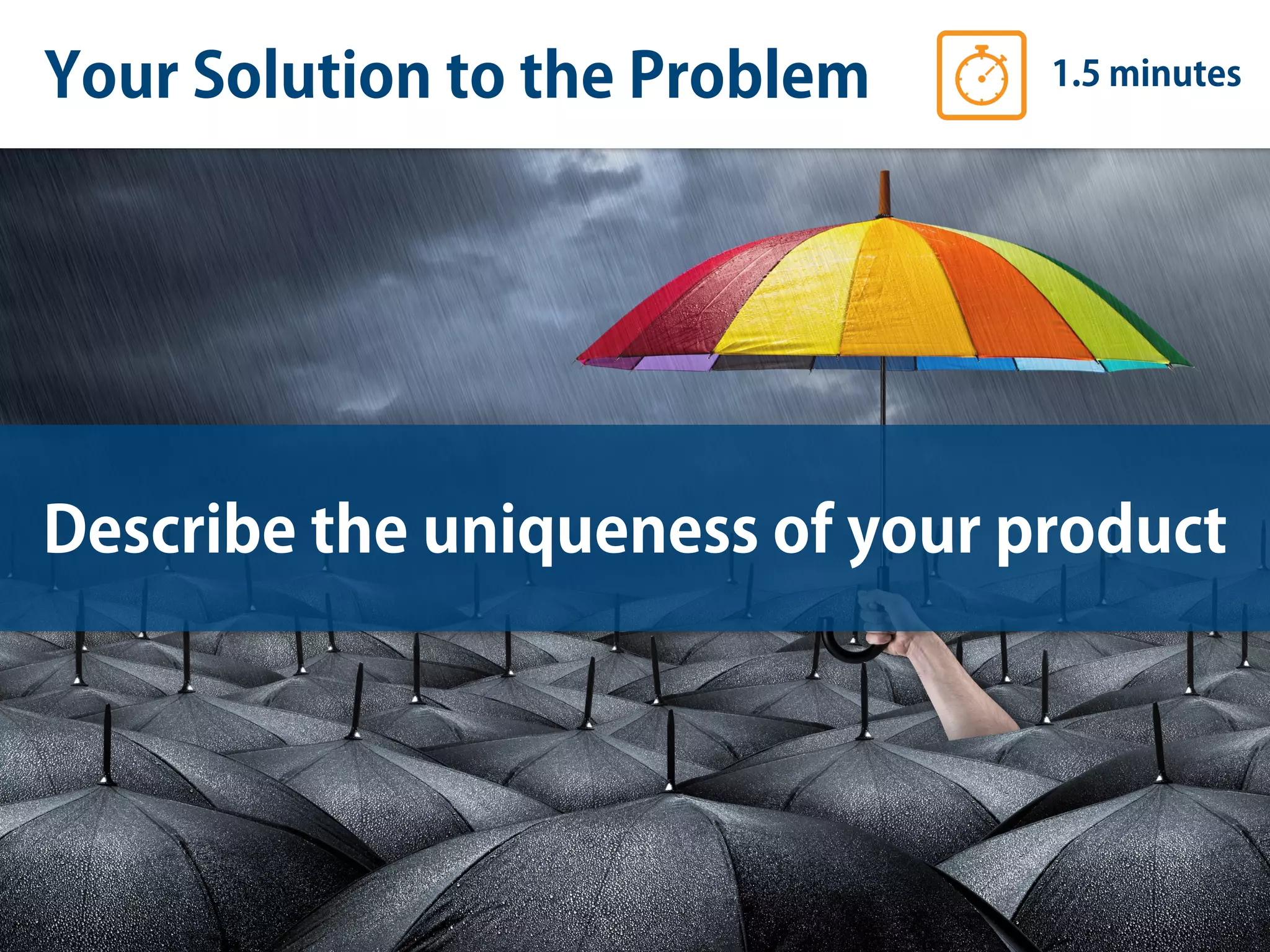 Your Solution to the Problem 1.5 minutes
Describe the uniqueness of your product
 
