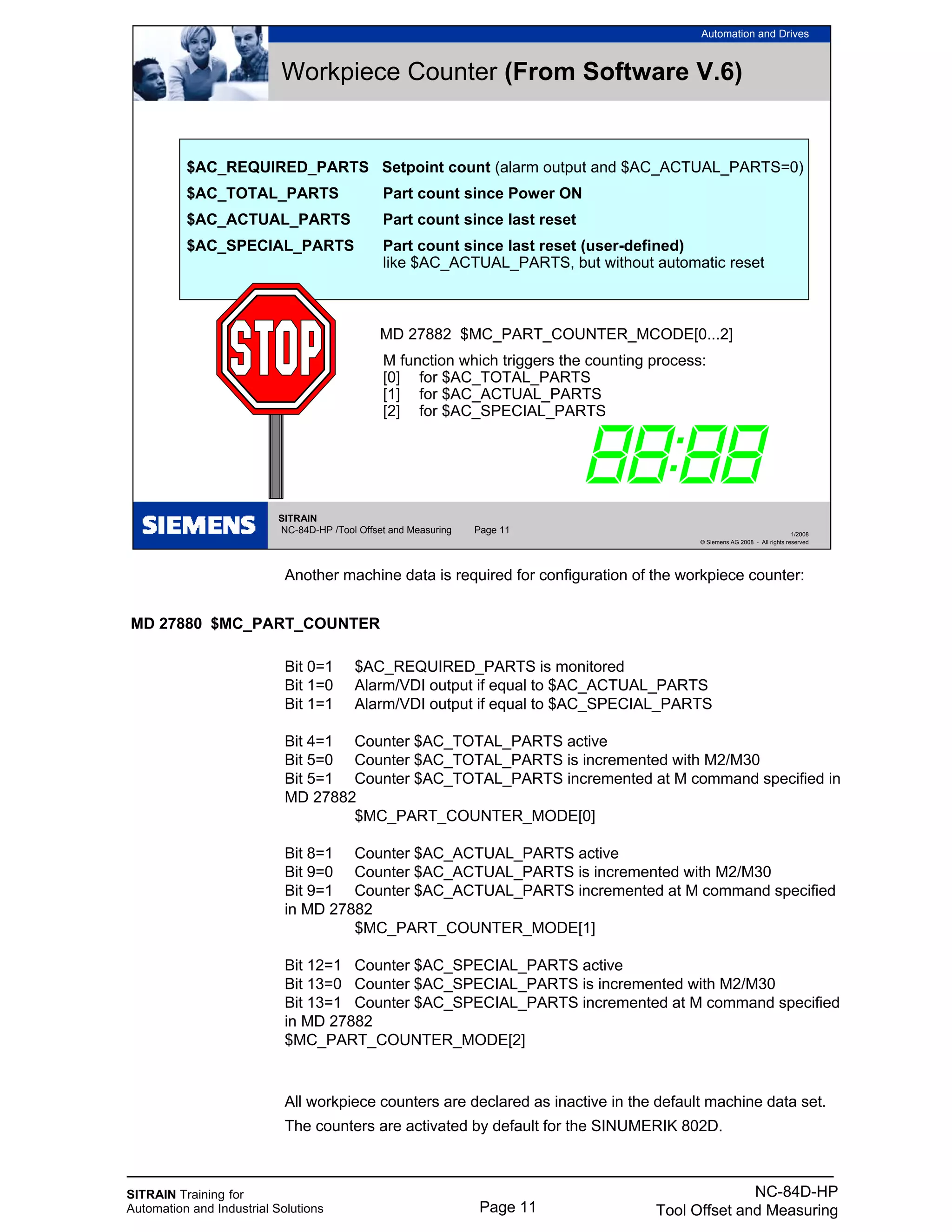 SITRAIN Training for
Automation and Industrial Solutions Page 11
NC-84D-HP
Tool Offset and Measuring
Another machine data is required for configuration of the workpiece counter:
MD 27880 $MC_PART_COUNTER
Bit 0=1 $AC_REQUIRED_PARTS is monitored
Bit 1=0 Alarm/VDI output if equal to $AC_ACTUAL_PARTS
Bit 1=1 Alarm/VDI output if equal to $AC_SPECIAL_PARTS
Bit 4=1 Counter $AC_TOTAL_PARTS active
Bit 5=0 Counter $AC_TOTAL_PARTS is incremented with M2/M30
Bit 5=1 Counter $AC_TOTAL_PARTS incremented at M command specified in
MD 27882
$MC_PART_COUNTER_MODE[0]
Bit 8=1 Counter $AC_ACTUAL_PARTS active
Bit 9=0 Counter $AC_ACTUAL_PARTS is incremented with M2/M30
Bit 9=1 Counter $AC_ACTUAL_PARTS incremented at M command specified
in MD 27882
$MC_PART_COUNTER_MODE[1]
Bit 12=1 Counter $AC_SPECIAL_PARTS active
Bit 13=0 Counter $AC_SPECIAL_PARTS is incremented with M2/M30
Bit 13=1 Counter $AC_SPECIAL_PARTS incremented at M command specified
in MD 27882
$MC_PART_COUNTER_MODE[2]
All workpiece counters are declared as inactive in the default machine data set.
The counters are activated by default for the SINUMERIK 802D.
SITRAIN
NC-84D-HP /Tool Offset and Measuring Page 11
Automation and Drives
1/2008
© Siemens AG 2008 - All rights reserved
Workpiece Counter (From Software V.6)
$AC_REQUIRED_PARTS Setpoint count (alarm output and $AC_ACTUAL_PARTS=0)
$AC_TOTAL_PARTS Part count since Power ON
$AC_ACTUAL_PARTS Part count since last reset
$AC_SPECIAL_PARTS Part count since last reset (user-defined)
like $AC_ACTUAL_PARTS, but without automatic reset
MD 27882 $MC_PART_COUNTER_MCODE[0...2]
M function which triggers the counting process:
[0] for $AC_TOTAL_PARTS
[1] for $AC_ACTUAL_PARTS
[2] for $AC_SPECIAL_PARTS
 