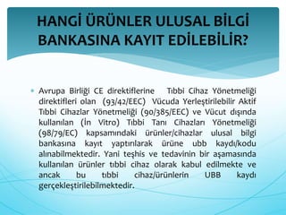 HANGİ ÜRÜNLER ULUSAL BİLGİ 
BANKASINA KAYIT EDİLEBİLİR? 
 Avrupa Birliği CE direktiflerine Tıbbi Cihaz Yönetmeliği 
direktifleri olan (93/42/EEC) Vücuda Yerleştirilebilir Aktif 
Tıbbi Cihazlar Yönetmeliği (90/385/EEC) ve Vücut dışında 
kullanılan (İn Vitro) Tıbbi Tanı Cihazları Yönetmeliği 
(98/79/EC) kapsamındaki ürünler/cihazlar ulusal bilgi 
bankasına kayıt yaptırılarak ürüne ubb kaydı/kodu 
alınabilmektedir. Yani teşhis ve tedavinin bir aşamasında 
kullanılan ürünler tıbbi cihaz olarak kabul edilmekte ve 
ancak bu tıbbi cihaz/ürünlerin UBB kaydı 
gerçekleştirilebilmektedir. 
 