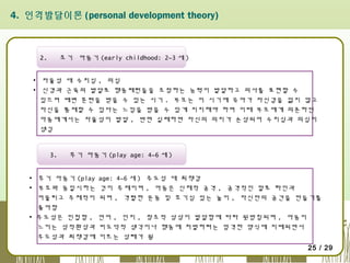 4. 인격발달이론 (personal development theory)

초기  아동기 (early childhood: 2~3 세 ) 

2.

▪ 자율성 대 수치심 , 의심
▪ 신경과 근육의 발달로 행동패턴들을 조정하는 능력이 발달하고 의사를 표현할 수
있으며 배변 훈련을 받을 수 있는 시기 . 부모는 이 시기에 유아가 자신감을 잃지 않고
자신을 통제할 수 있다는 느낌을 받을 수 있게 지지해야 하며 이때 부모에게 의존하던
아동에게서는 자율성이 발달 , 반면 실패하면 자신의 의지가 손상되어 수치심과 의심이
생김

3.

후기 아동기 (play age: 4~6 세 )

▪ 후기 아동기 (play age: 4~6 세 ) 주도성 대 죄책감  
▪ 부모와 동일시하는 것이 주제이며 , 아동은 신체적 공격 , 공격적인 말로 타인과
어울리고 주체적이 되며 , 격렬한 운동 및 호기심 있는 놀이 , 자신만의 공간을 만들기를
좋아함
▪ 주도성은 민첩함 , 언어 , 인지 , 창조적 상상이 발달함에 따라 뒷받침되며 , 아동이
느끼는 성적환상과 비도덕적 생각이나 행동에 처벌하려는 엄격한 양식에 지배되면서
주도성과 죄책감에 이르는 상태가 됨
25 / 29

 