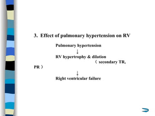 3.  Effect of pulmonary hypertension on RV Pulmonary hypertension  ↓ RV hypertrophy & dilation  （ secondary TR, PR ） ↓ Right ventricular failure 