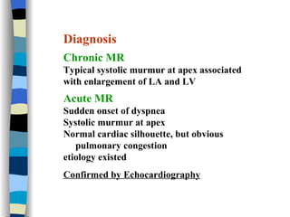 Diagnosis Chronic MR Typical systolic murmur at apex associated with enlargement of LA and LV Acute MR Sudden onset of dyspnea Systolic murmur at apex Normal cardiac silhouette, but obvious  pulmonary congestion etiology existed Confirmed by Echocardiography 