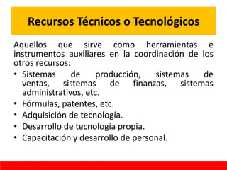 Recursos Técnicos o Tecnológicos
Aquellos que sirve como herramientas e
instrumentos auxiliares en la coordinación de los
otros recursos:
• Sistemas de producción, sistemas de
ventas, sistemas de finanzas, sistemas
administrativos, etc.
• Fórmulas, patentes, etc.
• Adquisición de tecnología.
• Desarrollo de tecnología propia.
• Capacitación y desarrollo de personal.
 