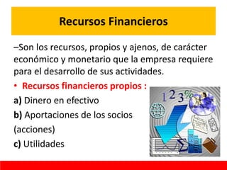 Recursos Financieros
–Son los recursos, propios y ajenos, de carácter
económico y monetario que la empresa requiere
para el desarrollo de sus actividades.
• Recursos financieros propios :
a) Dinero en efectivo
b) Aportaciones de los socios
(acciones)
c) Utilidades
 