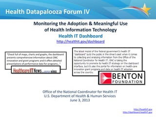 Office of the National Coordinator for Health IT
U.S. Department of Health & Human Services
June 3, 2013
Monitoring the Adoption & Meaningful Use
of Health Information Technology
Health IT Dashboard
http://healthit.gov/dashboard
Health Datapalooza Forum IV
0
http://healthIT.gov
http://dashboard.healthIT.gov
“Chock full of maps, charts and graphs, the dashboard
presents comprehensive information about ONC
innovation and grant programs and it offers detailed
presentations of performance data for programs…”
 