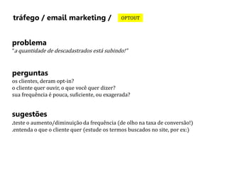 tráfego / email marketing / OPTOUT 
problema 
“a quantidade de descadastrados está subindo!” 
perguntas 
os clientes, deram opt-in? 
o cliente quer ouvir, o que você quer dizer? 
sua frequência é pouca, suficiente, ou exagerada? 
sugestões 
.teste o aumento/diminuição da frequência (de olho na taxa de conversão!) 
.entenda o que o cliente quer (estude os termos buscados no site, por ex:) 
 