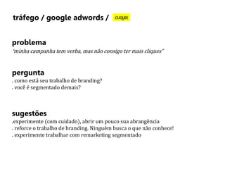 tráfego / google adwords / CLIQUES 
problema 
“minha campanha tem verba, mas não consigo ter mais cliques” 
pergunta 
. como está seu trabalho de branding? 
. você é segmentado demais? 
sugestões 
.experimente (com cuidado), abrir um pouco sua abrangência 
. reforce o trabalho de branding. Ninguém busca o que não conhece! 
. experimente trabalhar com remarketing segmentado 
 