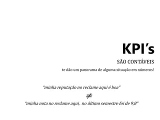 KPI’s 
SÃO CONTÁVEIS 
te dão um panorama de alguma situação em números! 
“minha reputação no reclame aqui é boa” 
≠ 
“minha nota no reclame aqui, no último semestre foi de 9,8” 
 