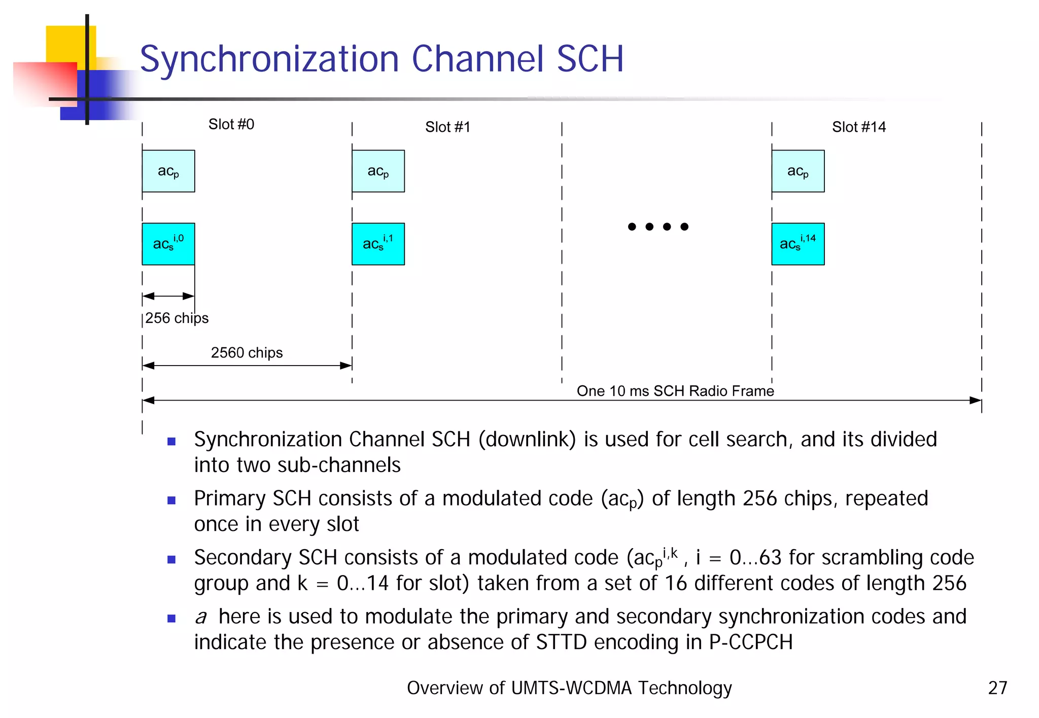 Overview of UMTS-WCDMA Technology 27
Synchronization Channel SCH
Synchronization Channel SCH (downlink) is used for cell search, and its divided
into two sub-channels
Primary SCH consists of a modulated code (acp) of length 256 chips, repeated
once in every slot
Secondary SCH consists of a modulated code (acp
i,k , i = 0…63 for scrambling code
group and k = 0…14 for slot) taken from a set of 16 different codes of length 256
a here is used to modulate the primary and secondary synchronization codes and
indicate the presence or absence of STTD encoding in P-CCPCH
 