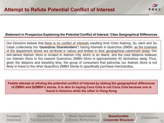 Company
Overview
Stock Price
Too Good to be True
Weak Disclosures
& Erratic Performance
Questionable
Corporate Structure
Conclusion
Attempt to Refute Potential Conflict of Interest
20
Statement in Prospectus Explaining the Potential Conflict of Interest: Cites Geographical Differences
Feeble attempt at refuting the potential conflict of interest by stating the geographical differences
of ZMBH and QZMBH’s stores. It is akin to saying Coca Cola is not Coca Cola because one is
found in America while the other in Hong Kong
 