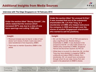 Insight:
• Revenue increase was not due to ‘a slew of new
stores’ but 4 stores of which 2 were new and 2
were transferred-in from Quanzhou ZMBH.
• There was no mention Quanzhou ZMBH in the
article.
Insight:
• Mr. Lim Kok Tong own 11% of TSO and seems to
play a significant role. Besides being a
shareholder in ZMBH, it was disclosed in the
prospectus that Mr. Lim also holds shares in a
related party companies to ZMBH, Singapore
Hancai and the former Quanxin (S) Pte Ltd
• While there is no proof of a direct link, Mr. Lim Kok
Tong may have assisted in engaging CIMB to
underwrite and place ZMBH’s shares. As a
stockbroker, Mr. Lim would have connections
through whom he can raise money from and
assist in the placement of ZMBH’s shares
Company
Overview
Stock Price
Too Good to be True
Weak Disclosures
& Erratic Performance
Questionable
Corporate Structure
Conclusion
Additional Insights from Media Sources
27
Interview with The Edge Singapore on 18 February 2015
Under the section titled “Strong Growth”, the
article stated that the revenue which
increased 207% was due to a slew of new
store openings and cutting 1,000 jobs.
Under the section titled “An unusual S-Chip”,
it was revealed that one of the substantial
shareholders Mr. Lim Kok Tong, is a
stockbroker at CIMB who helped restructure
the company in 2009 and bought over the
shares of another Singaporean shareholder
who wanted to sell his positions.
 