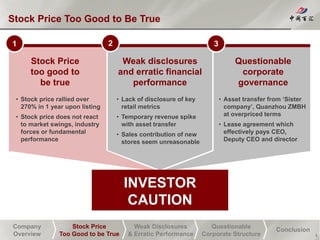 Company
Overview
Stock Price
Too Good to be True
Weak Disclosures
& Erratic Performance
Questionable
Corporate Structure
Conclusion
Stock Price Too Good to Be True
Weak disclosures
and erratic financial
performance
Questionable
corporate
governance
4
• Lack of disclosure of key
retail metrics
• Temporary revenue spike
with asset transfer
• Sales contribution of new
stores seem unreasonable
• Asset transfer from ‘Sister
company’, Quanzhou ZMBH
at overpriced terms
• Lease agreement which
effectively pays CEO,
Deputy CEO and director
Stock Price
too good to
be true
• Stock price rallied over
270% in 1 year upon listing
• Stock price does not react
to market swings, industry
forces or fundamental
performance
1 2 3
INVESTOR
CAUTION
 