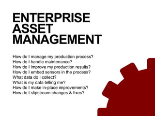 18
ENTERPRISE
ASSET
MANAGEMENT
How do I manage my production process?
How do I handle maintenance?
How do I improve my production results?
How do I embed sensors in the process?
What data do I collect?
What is my data telling me?
How do I make in-place improvements?
How do I slipstream changes & fixes?
 