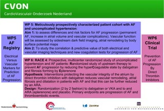 WP5 AF Registry Electrical  Versus Vascular  Markers for Prediction of AF  Progression WP6 Clinical Trial Prevention of AF Progression  By Direct Thrombin Inhibitors WP 6: RACE 4 : Prospective, multicenter randomized study of uncomplicated hypertension and AF patients:  R andomized study of upstream therapy to prevent  A F progression by reducing the hyper C oagulable state by dabigatran and fibrosis forming by  E plerenone Hypothesis : Interventions protecting the vascular integrity of the atrium by direct thrombin inhibition with dabigatran reduces vascular remodeling, atrial fibrosis and dilatation in patients with AF and that this can be further reduced by an ARA. Design:  Randomization (2 by 2 fashion) to dabigatran or VKA and to and ARA (eplerenone) and placebo. Primary endpoints are progression of AF and thromboembolic events. WP 5: Meticulously prospectively characterized patient cohort with AF and uncomplicated hypertension : Aim 1:  to assess differences and risk factors for AF progression (permanent AF, increase in atrial volume and vascular complications). Vascular function will be assessed by sidestream dark field imaging, atrial remodeling by body surface potential maps Aim 2:  To study the correlation & predictive value of both electrical and vascular imaging techniques and new coagulation tests for progression of AF 