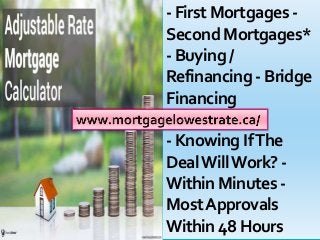 - First Mortgages-
Second Mortgages*
- Buying /
Refinancing - Bridge
Financing
- Knowing IfThe
DealWillWork? -
Within Minutes -
MostApprovals
Within 48 Hours
 