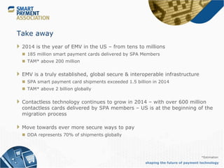 shaping the future of payment technology
Take away
 2014 is the year of EMV in the US – from tens to millions
 185 million smart payment cards delivered by SPA Members
 TAM* above 200 million
 EMV is a truly established, global secure & interoperable infrastructure
 SPA smart payment card shipments exceeded 1.5 billion in 2014
 TAM* above 2 billion globally
 Contactless technology continues to grow in 2014 – with over 600 million
contactless cards delivered by SPA members – US is at the beginning of the
migration process
 Move towards ever more secure ways to pay
 DDA represents 70% of shipments globally
*Estimation
 