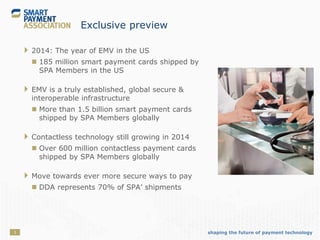 shaping the future of payment technology3
Exclusive preview
 2014: The year of EMV in the US
 185 million smart payment cards shipped by
SPA Members in the US
 EMV is a truly established, global secure &
interoperable infrastructure
 More than 1.5 billion smart payment cards
shipped by SPA Members globally
 Contactless technology still growing in 2014
 Over 600 million contactless payment cards
shipped by SPA Members globally
 Move towards ever more secure ways to pay
 DDA represents 70% of SPA’ shipments
 