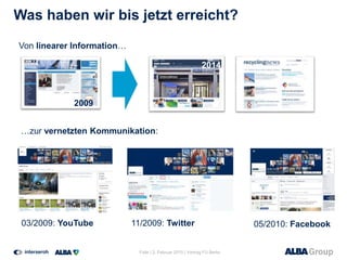 Was haben wir bis jetzt erreicht?
Folie | 2. Februar 2015 | Vortrag FU Berlin
03/2009: YouTube 11/2009: Twitter 05/2010: Facebook
…zur vernetzten Kommunikation:
Von linearer Information…
2009
2014
 