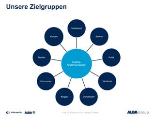 Unsere Zielgruppen
Online-
Kommunikation
Mittelstand
Banken
Politik
Verbände
DienstleisterBlogger
Kommunen
Medien
Kunden
Folie | 2. Februar 2015 | Vortrag FU Berlin
 