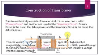 9
Construction of Transformer
Transformer basically consists of two electrical coils of wire, one is called
“Primary Circuit” and another one is called the “Secondary Circuit”. Primary
Circuit is the circuit that takes power, and the Secondary Circuit is the circuit that
delivers power.
Two coil windings are electrically isolated from each other but are linked
magnetically through a common “Core”. When an electric current passed through
the primary circuit, a Magnetic Field is developed in it, which induces a voltage
into the secondary circuit.
 