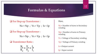 12
Formulas & Equations
 For Step-up Transformer :
Ns > Np ; Vs > Vp ; Is < Ip
 For Step-up Transformer :
Ns > Np ; Vs > Vp ; Is < Ip
Ns
Np
=
Vs
Vp
=
Ip
Is
 Transformer Ratio :
Here,
Ns = Number of turns in Secondary
winding
Np = Number of turns in Primary
winding
Vs = Voltage of Secondary winding
Vp = Voltage of Primary winding
Is = Output current
Ip = Input current
 