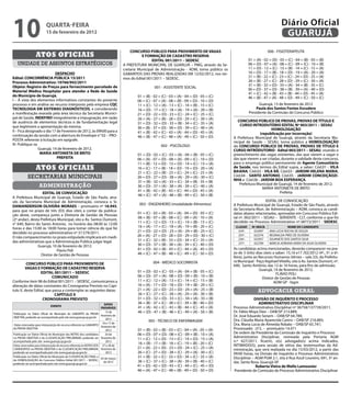 10                       qUARtA-feiRA
                         15 de fevereiro de 2012
                                                                                                                                                                                      Diário Oficial
                                                                                                                                                                                       GUARUJÁ
                                                                                         CONCURSO PÚBLiCO PARA PROViMeNtO De VAGAS                                            006 - FISIOTERAPEUTA
                 Atos oficiAis                                                                  e fORMAÇÃO De CADAStRO ReSeRVA
                                                                                                      eDitAL 001/2011 – SeDeSC                                  01 = (A) - 02 = (D) - 03 = (C) - 04 = (B) - 05 = (B)
   unidade de assuntos estratégicos                                                  A PREFEITURA MUNICIPAL DE GUARUJÁ – PMG, através da Se-                    06 = (D) - 07 = (A) - 08 = (C) - 09 = (C) - 10 = (B)
                                                                                     cretaria Municipal de Administração - ADM, torna público os                11 = (D) - 12 = (C) - 13 = (B) - 14 = (C) - 15 = (A)
                            DeSPACHO                                                 GABARITOS DAS PROVAS REALIZADAS EM 12/02/2012, nos ter-                    16 = (D) - 17 = (B) - 18 = (D) - 19 = (A) - 20 = (A)
edital: CONCORRÊNCiA PÚBLiCA 15/2011                                                 mos do Edital 001/2011 – SEDESC.                                           21 = (B) - 22 = (C) - 23 = (C) - 24 = (D) - 25 = (A)
Processo Administrativo: 10766/942/2011                                                                                                                         26 = (B) - 27 = (C) - 28 = (D) - 29 = (C) - 30 = (A)
Objeto: Registro de Preços para fornecimento parcelado de                                                                                                       31 = (B) - 32 = (D) - 33 = (A) - 34 = (B) - 35 = (C)
                                                                                                        001 - ASSISTENTE SOCIAL                                 36 = (D) - 37 = (D) - 38 = (B) - 39 = (A) - 40 = (D)
Material Médico Hospitalar para atender a Rede de Saúde
                                                                                                                                                                41 = (C) - 42 = (B) - 43 = (B) - 44 = (D) - 45 = (A)
do Município de Guarujá.                                                                     01 = (B) - 02 = (C) - 03 = (A) - 04 = (D) - 05 = (C)               46 = (B) - 47 = (A) - 48 = (D) - 49 = (C) - 50 = (C)
I – À vista dos elementos informativos constantes do presente                                06 = (C) - 07 = (A) - 08 = (B) - 09 = (D) - 10 = (D)
processo e em análise ao recurso interposto pela empresa CqC                                 11 = (C) - 12 = (A) - 13 = (C) - 14 = (B) - 15 = (C)                     Guarujá, 13 de fevereiro de 2012
teCNOLOGiA eM SiSteMAS DiAGNÓStiCOS, e considerando                                          16 = (D) - 17 = (C) - 18 = (A) - 19 = (A) - 20 = (B)                    Paula dos Santos fontes escudero
a manifestação exarada pela área técnica da Secretaria Munici-                               21 = (D) - 22 = (D) - 23 = (C) - 24 = (C) - 25 = (C)               Presidente da Comissão do Concurso Público
pal de Saúde, iNDefiRO integralmente a impugnação, em razão                                  26 = (A) - 27 = (B) - 28 = (D) - 29 = (C) - 30 = (A)
de ausência de elementos técnicos e de fundamentação legal                                                                                             CONCURSO PÚBLiCO De PROVAS, PROVAS De tÍtULO e
                                                                                             31 = (D) - 32 = (D) - 33 = (B) - 34 = (C) - 35 = (A)       CURSO iNtRODUtÓRiO eDitAL Nº 003/2011 – SeSAU
que legitimem a apresentação da mesma.                                                       36 = (B) - 37 = (D) - 38 = (D) - 39 = (C) - 40 = (A)
II – Fica designado o dia 17 de Fevereiro de 2012, às 09h00 para a                                                                                                         HOMOLOGAÇÃO
                                                                                             41 = (B) - 42 = (C) - 43 = (A) - 44 = (D) - 45 = (A)                   (republicação por incorreção)
continuação da sessão com a abertura do Envelope n° 02 – PRO-                                46 = (B) - 47 = (C) - 48 = (A) - 49 = (C) - 50 = (D)   A Prefeitura Municipal de Guarujá, através da Secretaria Mu-
POSTA referente à licitação em epígrafe.
                                                                                                                                                    nicipal de Saúde – SESAU, torna público a HOMOLOGAÇÃO
III- Publique-se.                                                                                            002 - PSICÓLOGO                        do CONCURSO PÚBLiCO De PROVAS, PROVAS De tÍtULO e
                 Guarujá, 14 de fevereiro de 2012.                                                                                                  CURSO iNtRÓDUtORiO - edital 003/2011 – SeSAU, visando o
                  MARiA ANtONietA De BRitO                                                   01 = (D) - 02 = (C) - 03 = (A) - 04 = (B) - 05 = (C)   preenchimento das vagas existentes, das que vierem a vagar e
                             PRefeitA                                                        06 = (A) - 07 = (D) - 08 = (A) - 09 = (C) - 10 = (D)   das que vierem a ser criadas, durante a validade deste concurso,
                                                                                             11 = (B) - 12 = (D) - 13 = (D) - 14 = (C) - 15 = (A)   para o emprego público permanente de Agente Comunitário
                 Atos oficiAis                                                               16 = (C) - 17 = (B) - 18 = (D) - 19 = (D) - 20 = (A)   de Saúde, nos termos do Edital supra, a saber: Cód.01 - ViLA
                                                                                                                                                    BAiANA, Cód.02 - ViLA RÃ, Cód.03 - JARDiM HeLeNA MARiA,
                                                                                             21 = (C) - 22 = (B) - 23 = (C) - 24 = (C) - 25 = (A)
           secretarias municipais                                                            26 = (D) - 27 = (D) - 28 = (A) - 29 = (A) - 30 = (C)   Cód.04 - SANtO ANtONiO, Cód.05 - JARDiM CONCeiÇÃOZi-
                                                                                             31 = (B) - 32 = (A) - 33 = (C) - 34 = (B) - 35 = (B)   NHA e Cód.06 - JARDiM BOA eSPeRANÇA.
                                                                                                                                                        Prefeitura Municipal de Guarujá, 14 de fevereiro de 2012.
                    administração                                                            36 = (D) - 37 = (A) - 38 = (A) - 39 = (C) - 40 = (A)
                                                                                                                                                                      MARIA ANTONIETA DE BRITO
                                                                                             41 = (B) - 42 = (B) - 43 = (C) - 44 = (D) - 45 = (A)                               Prefeita
                   eDitAL De CONVOCAÇÃO
                                                                                             46 = (C) - 47 = (A) - 48 = (B) - 49 = (C) - 50 = (B)
A Prefeitura Municipal de Guarujá, Estado de São Paulo, atra-
vés da Secretaria Municipal de Administração, convoca o Sr.                                                                                                             EDITAL DE CONVOCAÇÃO
                                                                                              003 - ENGENHEIRO (modalidade Alimentos)               A Prefeitura Municipal de Guarujá, Estado de São Paulo, através
DANiANDeRSON OLiVeiRA MORAeS – prontuário nº 16.945,
para que no prazo de três (03) dias úteis a contar da publica-                                                                                      da Secretaria Mun. de Administração – ADM, convoca as candi-
                                                                                             01 = (C) - 02 = (B) - 03 = (A) - 04 = (D) - 05 = (C)   datas abaixo relacionadas, aprovadas em Concurso Público Edi-
ção deste, compareça junto a Diretoria de Gestão de Pessoas
(2º andar), desta Prefeitura Municipal, sito a Av. Santos Dumont,                            06 = (B) - 07 = (B) - 08 = (C) - 09 = (A) - 10 = (A)   tal nº. 002/2011 – SESAU – SERVENTE - CLT, conforme o que foi
                                                                                             11 = (C) - 12 = (D) - 13 = (C) - 14 = (B) - 15 = (C)   decidido no Processo Administrativo nº.38772/2011 - SeDeSC.
n° 640, Bairro do Santo Antonio, no horário das 08:00 às 12:00
horas e das 15:00 às 18:00 horas para tomar ciência do que foi                               16 = (A) - 17 = (C) - 18 = (A) - 19 = (B) - 20 = (C)    CLASSif.     Nº.iNSCR.               NOMe DO CANDiDAtO
decidido no processo administrativo nº 37.579/2011.                                          21 = (D) - 22 = (D) - 23 = (A) - 24 = (B) - 25 = (C)      254º.       023097     ANA LUCIA ROCHA DE SOUZA

O não comparecimento no prazo estipulado implicará em medi-                                  26 = (A) - 27 = (D) - 28 = (D) - 29 = (D) - 30 = (C)      255º.       022376     REGINALDA PIRES DE OLIVEIRA
                                                                                             31 = (C) - 32 = (B) - 33 = (D) - 34 = (C) - 35 = (A)      256º.       025957     GILVANETE DOS SANTOS SILVA
das administrativas que a Administração Publica julgar legal.                                                                                          257º.       022789     MARCIA ADRIANA VIEIRA DA SILVA OLIVEIRA
                Guarujá, 10 de fevereiro de 2012.                                            36 = (D) - 37 = (B) - 38 = (A) - 39 = (C) - 40 = (D)
                            Flavio Poli                                                      41 = (D) - 42 = (B) - 43 = (C) - 44 = (A) - 45 = (D)   As candidatas acima mencionadas, deverão comparecer no pra-
                                                                                             46 = (C) - 47 = (B) - 48 = (C) - 49 = (C) - 50 = (D)   zo de 3 (três) dias úteis a saber: 15,16 e17 /02/2012 (4ª., 5ª. e 6ª.
                  Diretor de Gestão de Pessoas
                                                                                                                                                    feira), junto ao Recursos Humanos (térreo – sala 33), da Prefeitu-
                                                                                                       004 - MÉDICO SOCORRISTA                      ra Municipal - Paço Raphael Vitiello, sito à Av. Santos Dumont, nº.
         CONCURSO PÚBLiCO PARA PROViMeNtO De                                                                                                        640, Santo Antônio, das 12 às 16 horas, para fins de admissão.
        VAGAS e fORMAÇÃO De CADAStRO ReSeRVA                                                                                                                         Guarujá, 14 de fevereiro de 2012.
                  eDitAL 001/2011 – SeDeSC                                                   01 = (D) - 02 = (C) - 03 = (A) - 04 = (B) - 05 = (C)
                                                                                                                                                                                FLÁVIO POLI
                          COMUNiCADO                                                         06 = (D) - 07 = (A) - 08 = (D) - 09 = (B) - 10 = (B)
                                                                                                                                                                       Diretor de Gestão de Pessoas
Conforme item 98 do Edital 001/2011 – SEDESC, comunicamos a                                  11 = (C) - 12 = (A) - 13 = (C) - 14 = (C) - 15 = (B)                             ADM GP - fagm
alteração de datas constantes do Cronograma Previsto no Capí-                                16 = (A) - 17 = (D) - 18 = (D) - 19 = (B) - 20 = (C)
tulo X, deste Edital, que passa a contemplar as seguintes datas:                             21 = (A) - 22 = (D) - 23 = (D) - 24 = (A) - 25 = (B)                     advocacia geral
                           CAPÍtULO X                                                        26 = (C) - 27 = (C) - 28 = (A) - 29 = (A) - 30 = (B)
                   CRONOGRAMA PReViStO                                                       31 = (D) - 32 = (D) - 33 = (C) - 34 = (A) - 35 = (B)                DiViSÃO De iNqUÉRitO e PROCeSSO
                                                                        DAtAS                36 = (B) - 37 = (C) - 38 = (C) - 39 = (B) - 40 = (D)                  ADMiNiStRAtiVO DiSCiPLiNAR
                             eVeNtO                                                          41 = (A) - 42 = (C) - 43 = (B) - 44 = (C) - 45 = (A)   Processo Administrativo Disciplinar nº 36758/137739/2011.
                                                                      PROVÁVeiS
Publicação no Diário Oficial do Município do GABARITO da PROVA
                                                                         15 de               46 = (D) - 47 = (B) - 48 = (C) - 49 = (A) - 50 = (B)   Dr. Fábio Moya Diez – OAB/SP 213.889;
OBJETIVA, podendo ser acompanhado pelo site www.guaruja.sp.gov.br
                                                                      fevereiro de                                                                  Dr. José Eduardo Senem – OAB/SP 64.789;
                                                                         2012                                                                       Dra. Cláudia Maria Aparecida Castro – OAB/SP 216.885;
                                                                                                    005 - TÉCNICO DE ENFERMAGEM
                                                                       16 e 17 de                                                                   Dra. Maria Lúcia de Almeida Robalo – OAB/SP 65.741;
Datas reservadas para interposição de recurso referente ao GABARITO
                                                                      fevereiro de
da PROVA OBJETIVA
                                                                         2012                01 = (B) - 02 = (B) - 03 = (C) - 04 = (A) - 05 = (A)   Processado: J.F.S. – prontuário 14.471
Publicação no Diário Oficial do Município das NOTAS dos candidatos       24 de               06 = (D) - 07 = (D) - 08 = (C) - 09 = (B) - 10 = (A)   De ordem da Presidente da Comissão de Inquérito e Processo
na PROVA OBJETIVA e da CLASSIFICAÇÃO PRELIMINAR, podendo ser          fevereiro de           11 = (C) - 12 = (D) - 13 = (C) - 14 = (D) - 15 = (A)   Administrativo Disciplinar, nomeada pela Portaria AGM
acompanhada pelo site www.guaruja.sp.gov.br                              2012                                                                       n.º 627/2011, fica(m), o(s) advogado(s) acima indicados,
                                                                                             16 = (B) - 17 = (B) - 18 = (C) - 19 = (B) - 20 = (C)
Datas reservadas para interposição de recurso referente às NOTAS DOS   27 e 28 de                                                                   INTIMADO(S), para sessão de oitiva das testemunhas da Ad-
CANDIDATOS na PROVA OBJETIVA e da CLASSIFICAÇÃO PRELIMINAR,           fevereiro de           21 = (A) - 22 = (D) - 23 = (D) - 24 = (C) - 25 = (A)   ministração, que será realizada no dia 15/03/2012, a partir das
podendo ser acompanhada pelo site www.guaruja.sp.gov.br                  2012                26 = (C) - 27 = (D) - 28 = (C) - 29 = (A) - 30 = (C)   09:00 horas, na Divisão de Inquérito e Processo Administrativo
Publicação no Diário Oficial do Município da CLASSIFICAÇÃO FINAL e
                                                                     03 de março             31 = (B) - 32 = (C) - 33 = (D) - 34 = (C) - 35 = (A)   Disciplinar – AGM PGM 2.1, sita à Rua Azuil Loureiro, 691, 5º an-
da HOMOLOGAÇÃO do Concurso Público Edital 001/2011 – SEDESC,                                 36 = (C) - 37 = (C) - 38 = (A) - 39 = (B) - 40 = (C)
podendo ser acompanhada pelo site www.guaruja.sp.gov.br
                                                                       de 2012                                                                      dar, Santa Rosa, Guarujá-SP.
                                                                                             41 = (D) - 42 = (D) - 43 = (C) - 44 = (C) - 45 = (D)                 Roberta Vieira de Mello Lamounier
                                                                                             46 = (A) - 47 = (C) - 48 = (B) - 49 = (D) - 50 = (D)    Presidente de Comissão de Processo Administrativo Disciplinar
 