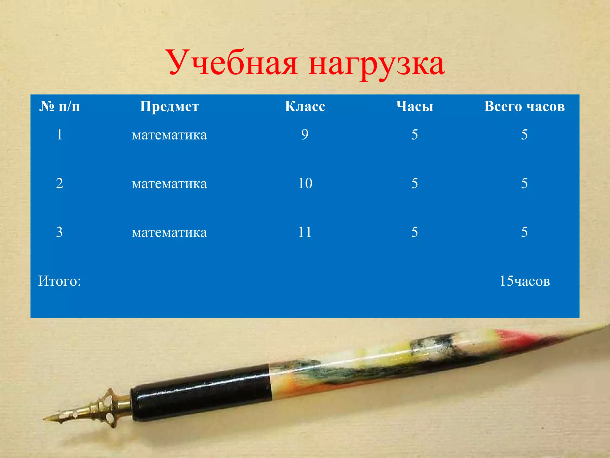 Учебная нагрузка
№ п/п     Предмет     Класс   Часы   Всего часов
  1      математика     9      5         5


  2      математика    10      5         5


  3      математика    11      5         5


Итого:                                 15часов
 