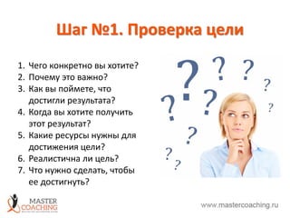 Шаг №1. Проверка цели
1. Чего конкретно вы хотите?
2. Почему это важно?
3. Как вы поймете, что
достигли результата?
4. Когда вы хотите получить
этот результат?
5. Какие ресурсы нужны для
достижения цели?
6. Реалистична ли цель?
7. Что нужно сделать, чтобы
ее достигнуть?
 