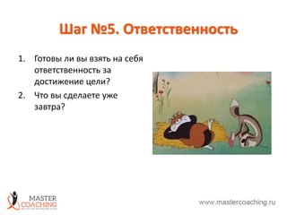 Шаг №5. Ответственность
1. Готовы ли вы взять на себя
ответственность за
достижение цели?
2. Что вы сделаете уже
завтра?
 