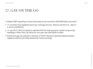 ©2015ResonanceConsultancyLtd.
38 | Tourism 2020
•	 Global LGBT spending on travel estimated to be more than USD $200 billi...