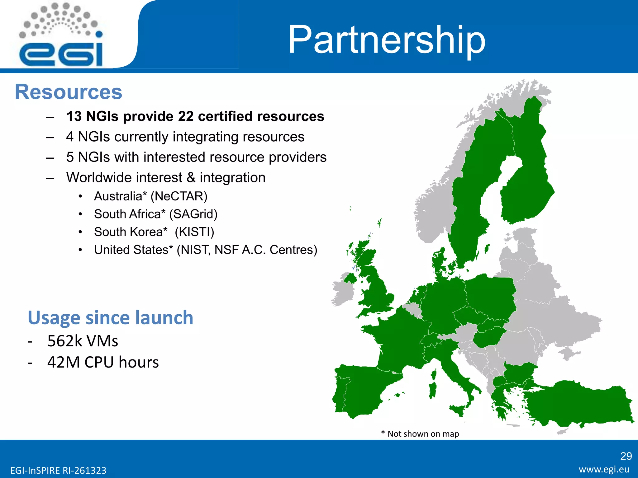 www.egi.euEGI-InSPIRE RI-261323
Partnership
Resources
– 13 NGIs provide 22 certified resources
– 4 NGIs currently integrating resources
– 5 NGIs with interested resource providers
– Worldwide interest & integration
• Australia* (NeCTAR)
• South Africa* (SAGrid)
• South Korea* (KISTI)
• United States* (NIST, NSF A.C. Centres)
* Not shown on map
Usage since launch
- 562k VMs
- 42M CPU hours
29
 