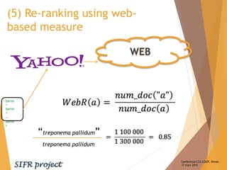 (5) Re-ranking using web-
based measure
Conference C2S LGI2P, Nimes –
17 mars 2015
term
1
term
2
…
term
n
WEB
“treponema p...