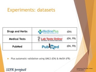 Experiments: datasets
 Plus automatic validation using UMLS (EN) & MeSH (FR)
Conference C2S LGI2P, Nimes –
17 mars 2015
D...