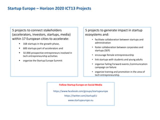 5 projects to connect stakeholders
(accelerators, investors, startups, media)
within 17 European cities to accelerate:
 1...