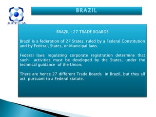 BRAZIL : 27 TRADE BOARDS

Brazil is a federation of 27 States, ruled by a Federal Constitution
and by Federal, States, or Municipal laws.

Federal laws regulating corporate registration determine that
such activities must be developed by the States, under the
technical guidance of the Union.

There are hence 27 different Trade Boards in Brazil, but they all
act pursuant to a Federal statute.
 