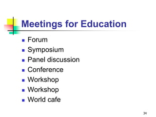 Meetings for Education
 Forum
 Symposium
 Panel discussion
 Conference
 Workshop
 Workshop
 World cafe
34
 