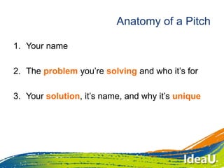 Anatomy of a Pitch
1. Your name
2. The problem you’re solving and who it’s for
3. Your solution, it’s name, and why it’s unique