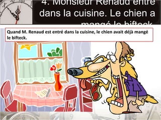 4. Monsieur Renaud entre dans la cuisine. Le chien a mangé le bifteck.Quand M. Renaud est entré dans la cuisine, le chien avait déjà mangé le bifteck.