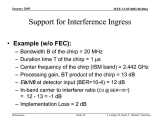 IEEE-15-05-0002-00-004a
Submission
January 2005
J. Lampe, R. Hach, L. Menzer, Nanotron
Slide 10
Support for Interference Ingress
• Example (w/o FEC):
– Bandwidth B of the chirp = 20 MHz
– Duration time T of the chirp = 1 µs
– Center frequency of the chirp (ISM band) = 2.442 GHz
– Processing gain, BT product of the chirp = 13 dB
– Eb/N0 at detector input (BER=10-4) = 12 dB
– In-band carrier to interferer ratio (C/I @ BER=10-4)
= 12 - 13 = -1 dB
– Implementation Loss = 2 dB
 